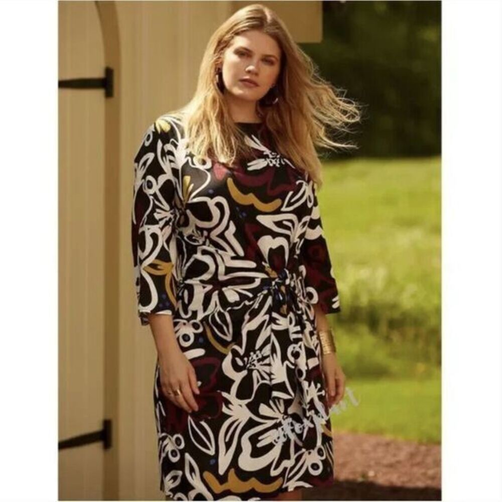 NEW Eloquii black burgundy floral print tie waist dress boat neck, size‎ 16